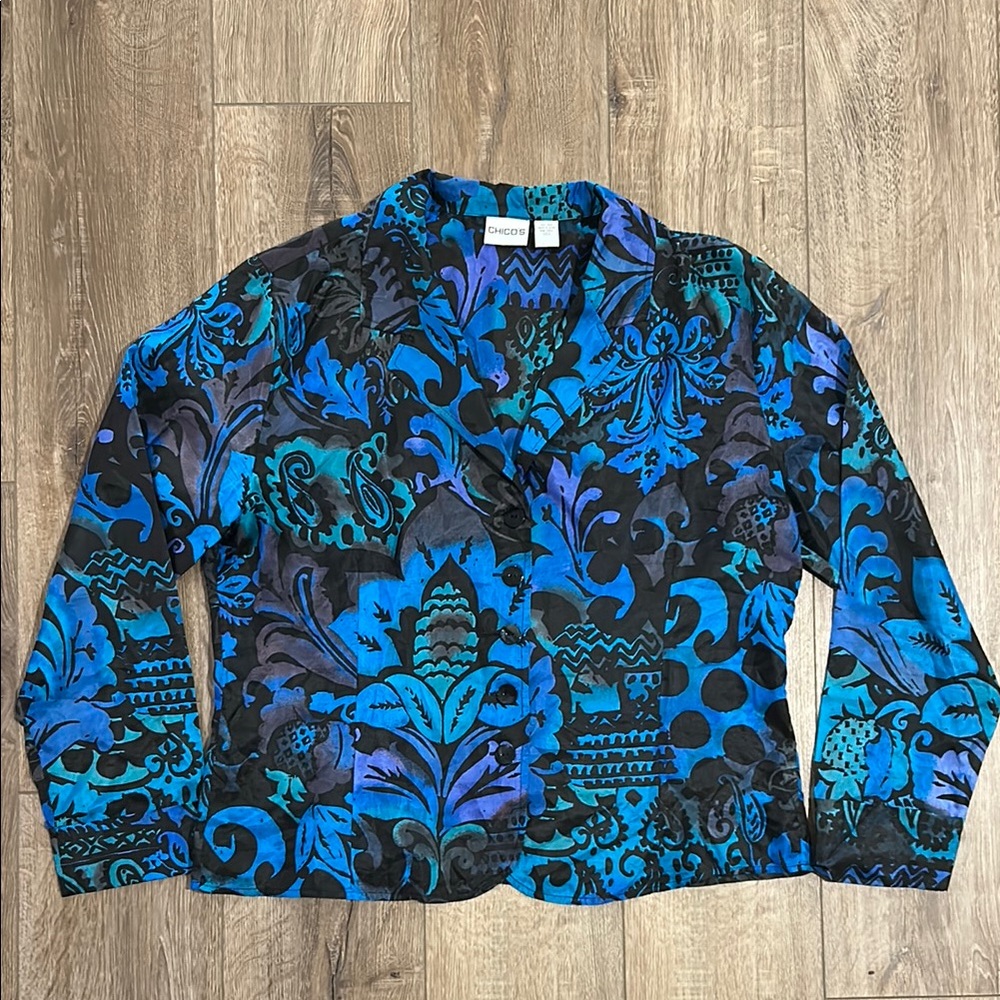CHICO’S 100% Silk Blue and Black Patterned Lightweight Blazer Jacket - Picture 3 of 8